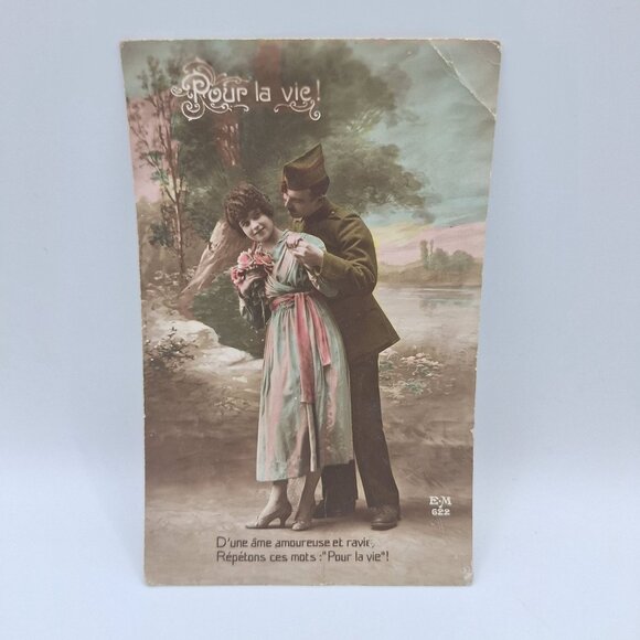 French Romantic Soldier Postcard 1919 Colorized Artwork Sentimental Antique - Picture 1 of 8